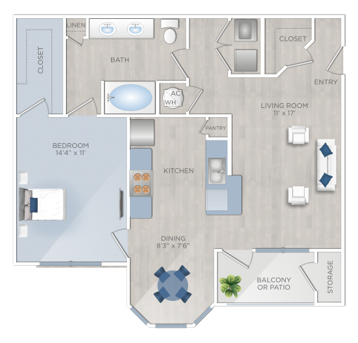 Floor plan for 1 bed, 1 bath, 850 sqft